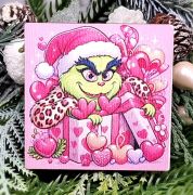  6cmx6cm-es lzervgott festett fa tbla: pink Grincs